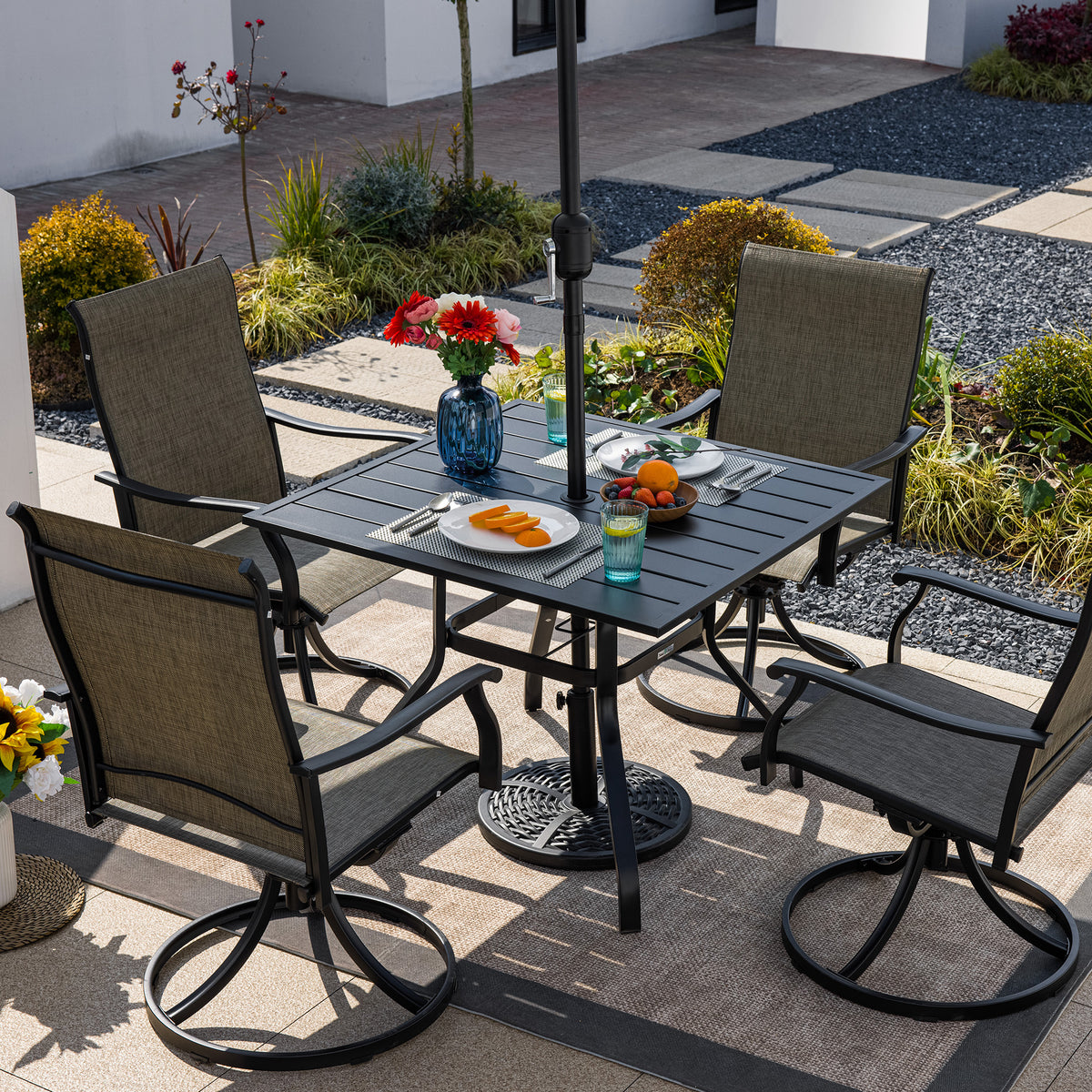 Sour Citrus Outdoor Dining Table with Umbrella Hole Weather-Resistant Square Patio Furniture Table for Garden, Backyard and Deck, Black