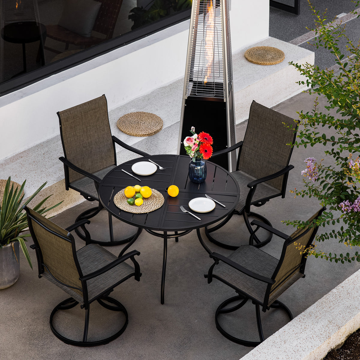 Sour Citrus Round Patio Dining Table, Outdoor Table With Umbrella Hole,Small Round Table Ideal For Backyard, Lawn, Poolside, Garden