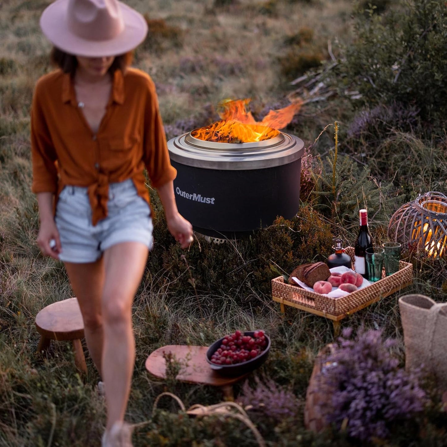 24 Inch Smokeless Fire Pit for Outside with Stand Wood Burning Outdoor Fireplace with Ash Pan for 5-7 Persons Stainless Steel Portable Bonefire for Patio, Deck, Backyard & Camping