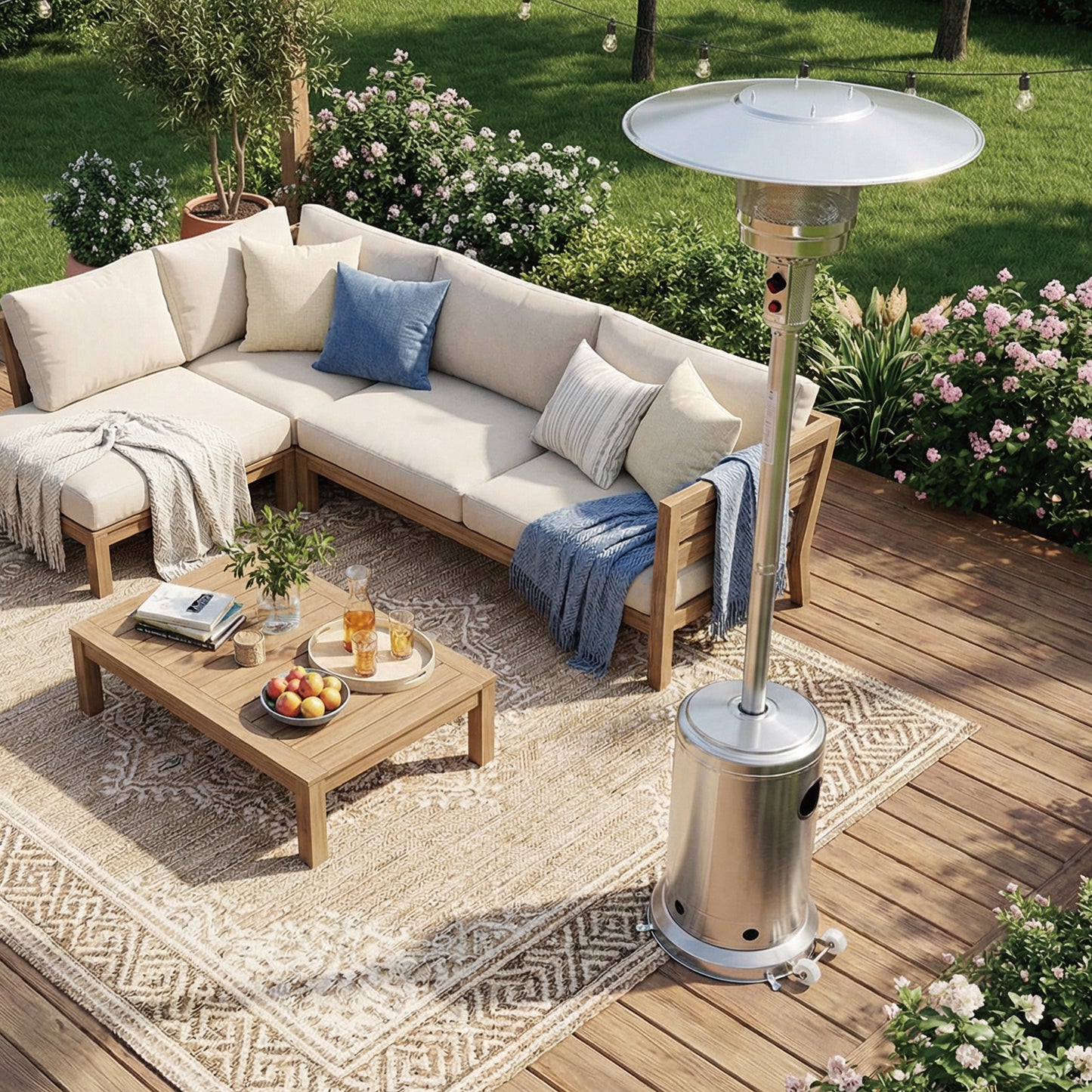 OuterMust Propane Patio Heater 46,000 BTU with Stainless Steel Design and Wheels Ideal for Backyard, Garden