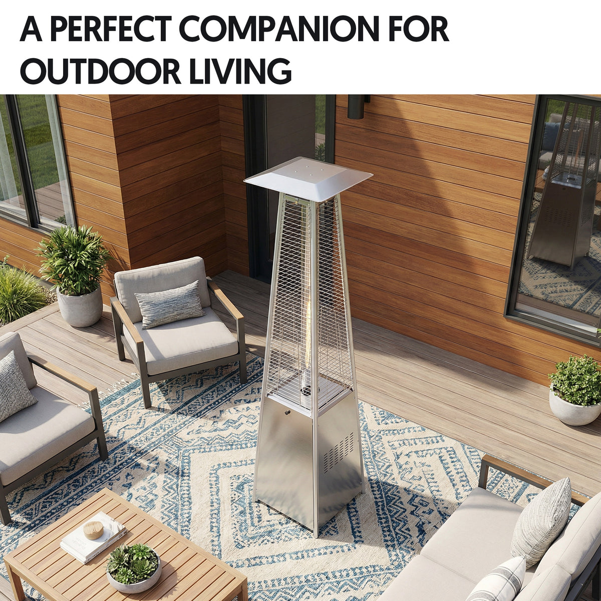 OuterMust 48,000 BTU Pyramid Patio Heater with Stainless Steel Design, Cover, Wheels and One-Button Ignition Ideal for Backyard Balcony 6-8 people