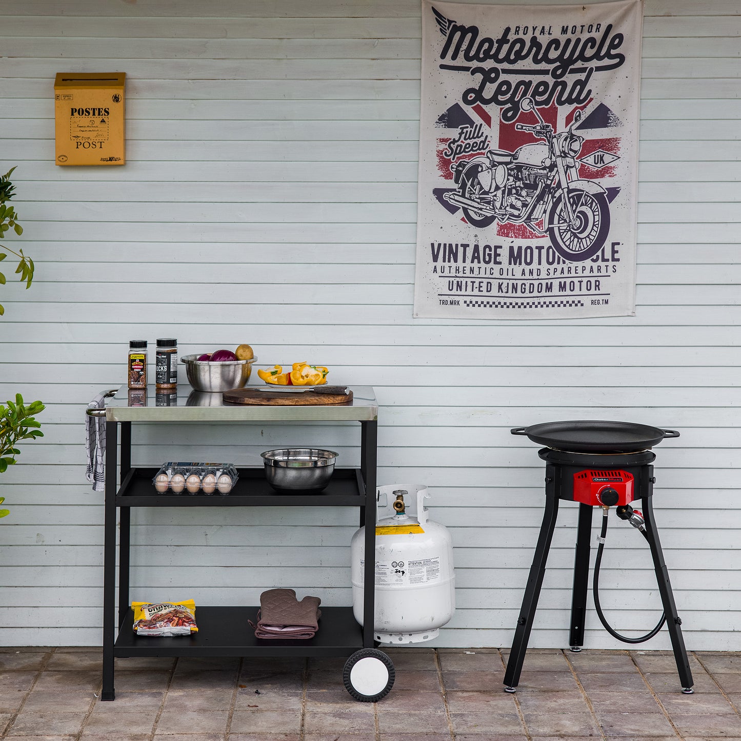 Outdoor Cooker Wok Station with Cover, Wok, 54,000 BTU Burner and Electronic Ignition For Backyard