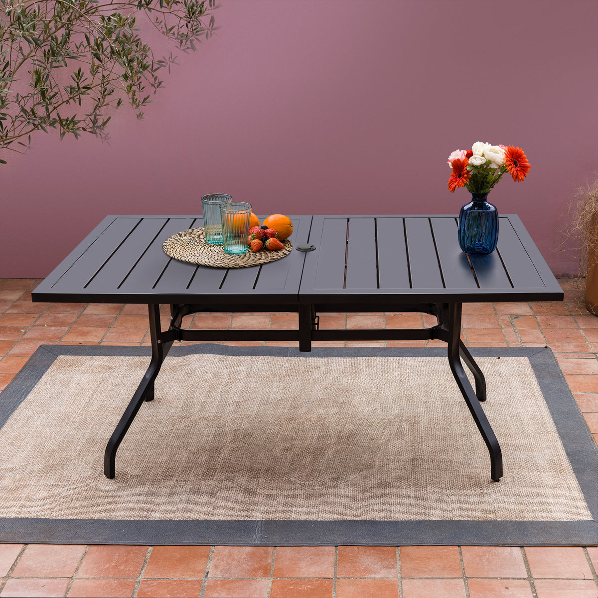 Sour Citrus 6-Person Outdoor Patio Dining Table with Umbrella Hole Weather-Resistant Rectangular Patio Furniture Table for Garden, Backyard and Deck, Black