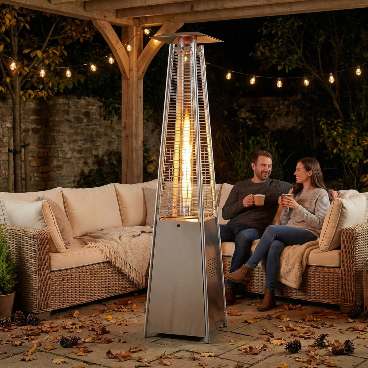 OuterMust 48,000 BTU Pyramid Patio Heater with Stainless Steel Design, Cover, Wheels and One-Button Ignition Ideal for Backyard Balcony 6-8 people