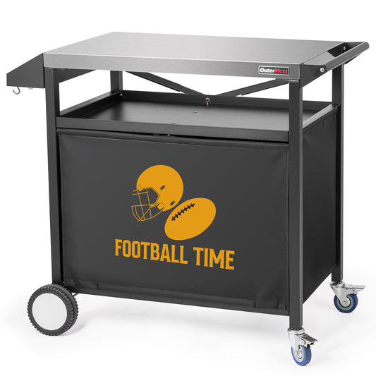 OuterMust Outdoor Grill Cart, Stainless Steel BBQ Prep Table with Large Storage, Outdoor Kitchen Island, Black & Silver