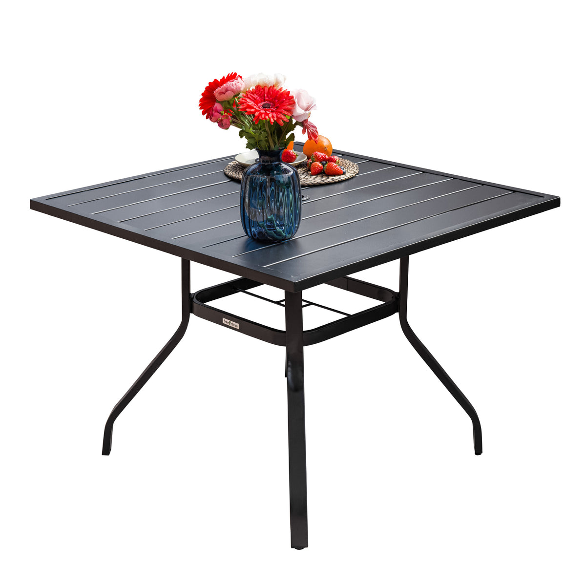 Sour Citrus Outdoor Dining Table with Umbrella Hole Weather-Resistant Square Patio Furniture Table for Garden, Backyard and Deck, Black