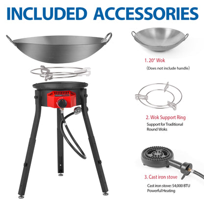 Outdoor Cooker Wok Station with Iron Wok, Electronic Ignition and Propane Burner 54000 BTU for BBQ, Backyard