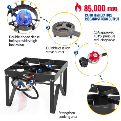 Outdoor Propane Burner  with 10 PSI Regulator and Cast Iron Braided Holes for Home Brewing,Turkey Fryer and Seafood Boiler