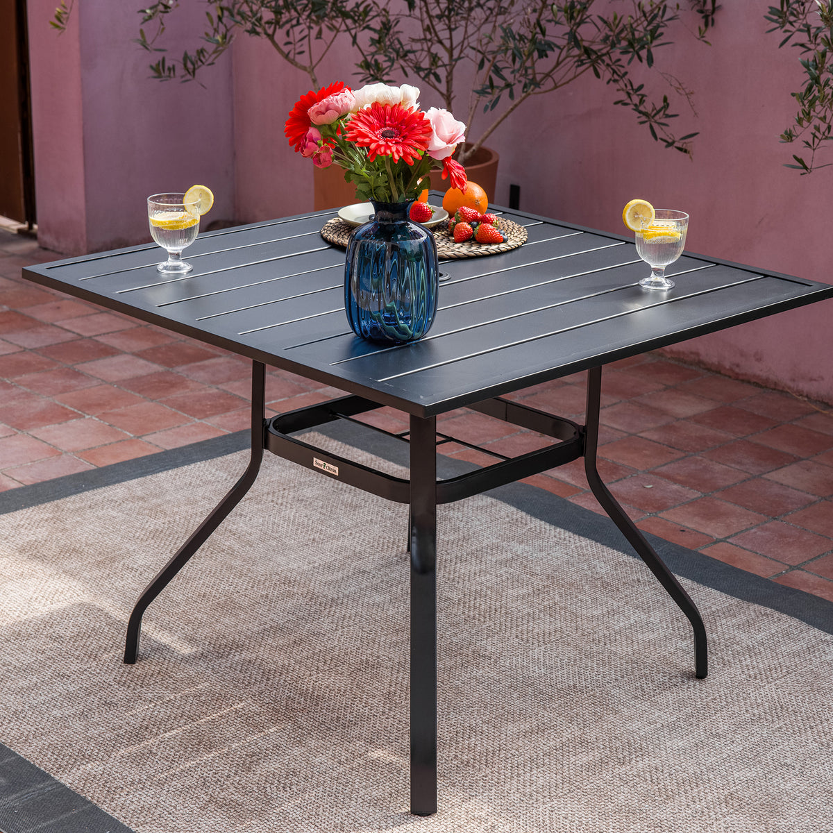 Sour Citrus Outdoor Dining Table with Umbrella Hole Weather-Resistant Square Patio Furniture Table for Garden, Backyard and Deck, Black