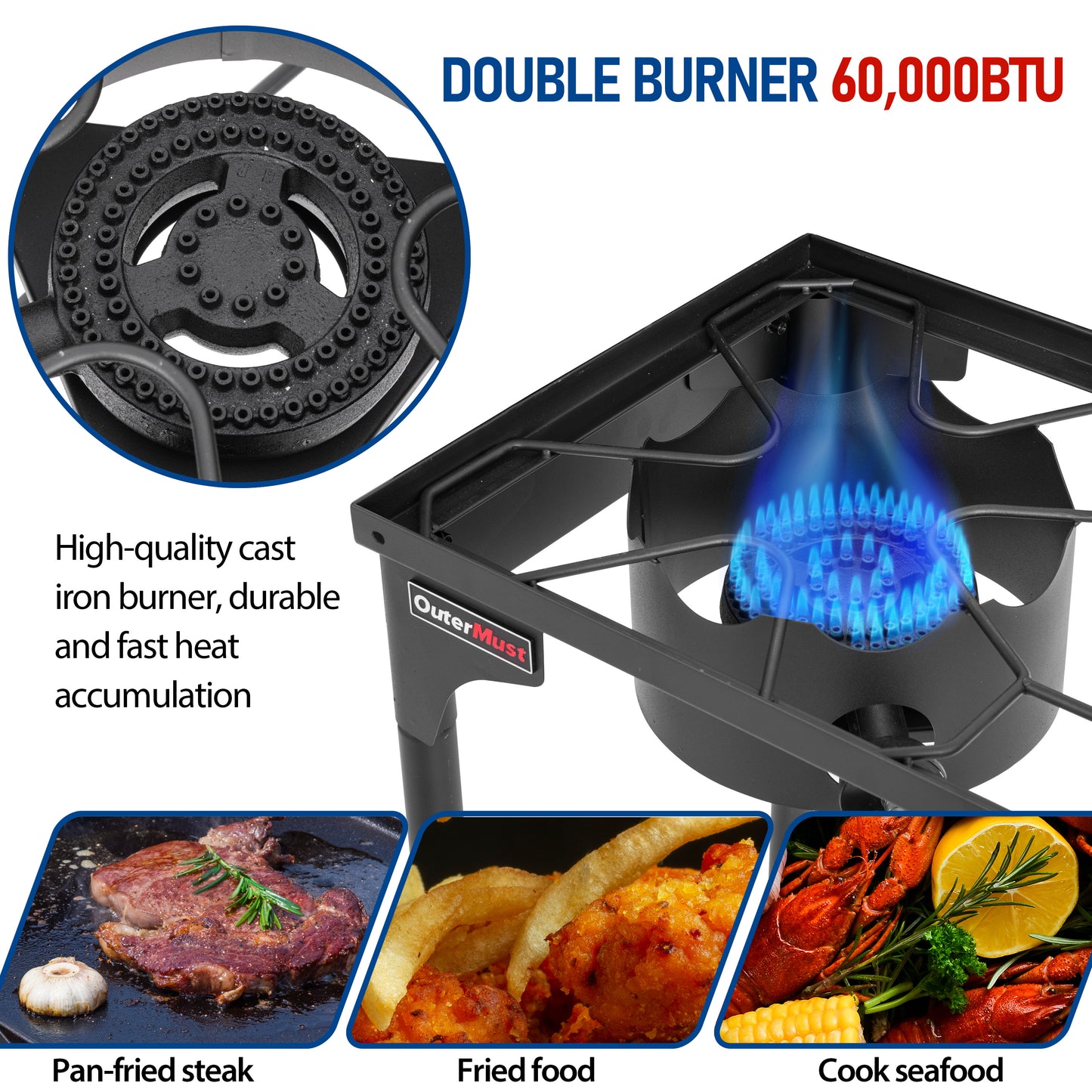 OuterMust 2 Burner Propane Gas Stove with 0-3 PSI Adjustable Regulator and Removable Legs for Home Brewing, Camping