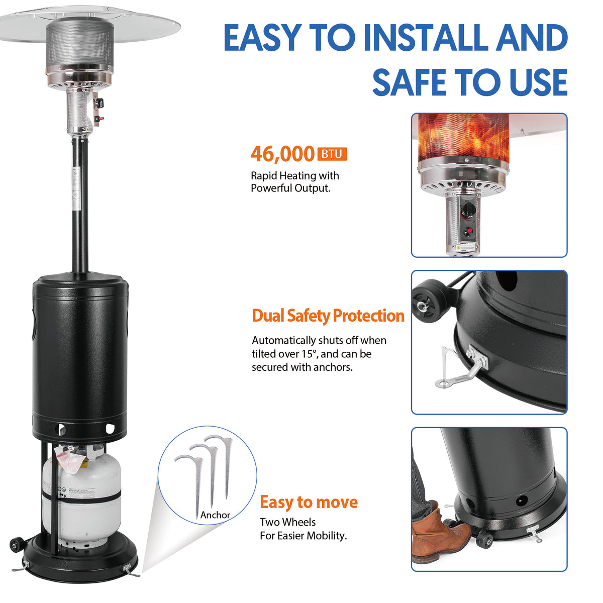 OuterMust 46,000 BTU Propane Patio Heater with Protective Cover, Wheels & One-Button Ignition, Outdoor Heater for Backyard, Garden, Lawn, Black