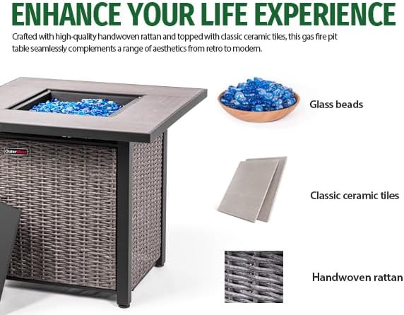 30 Inch Propane Fire Pit Table  50,000 BTU with Cover, Lid & Glass Bead for Garden, Backyard