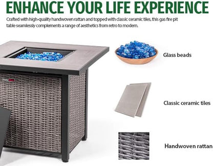 30 Inch Propane Fire Pit Table  50,000 BTU with Cover, Lid & Glass Bead for Garden, Backyard