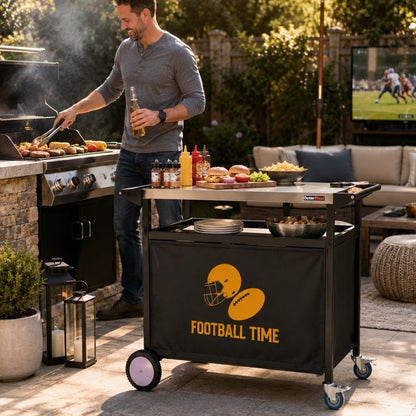 OuterMust Outdoor Grill Cart, Stainless Steel BBQ Prep Table with Large Storage, Outdoor Kitchen Island, Black & Silver