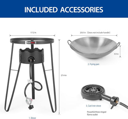Outdoor Cooker with Iron Wok and Propane Burner, 54,000 BTU Gas Stove for Backyard, BBQ