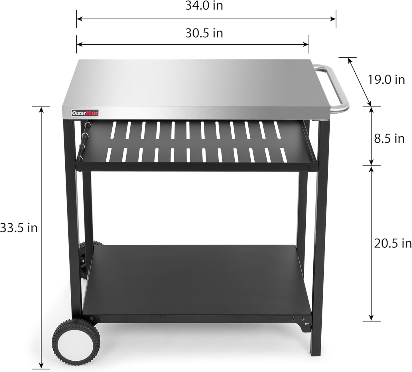 Outdoor Grill Crat with 3-Shelf Dining Table with Wheel and Tool Hooks for BBQ, Garden Cooking