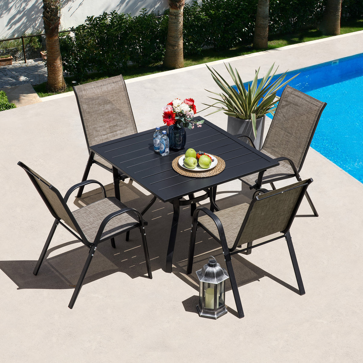Sour Citrus Stackable Patio Chairs Set of 4, Textilene Iron Outdoor Dining Chairs Patio Dining Chairs for Lawn, Poolside, Garden, Backyard, Brown