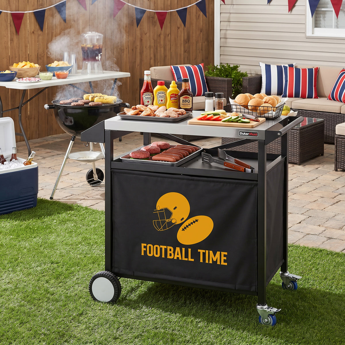 OuterMust Outdoor Grill Cart, Stainless Steel BBQ Prep Table with Large Storage, Outdoor Kitchen Island, Black & Silver