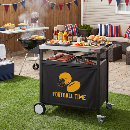 OuterMust Outdoor Grill Cart, Stainless Steel BBQ Prep Table with Large Storage, Outdoor Kitchen Island, Black & Silver