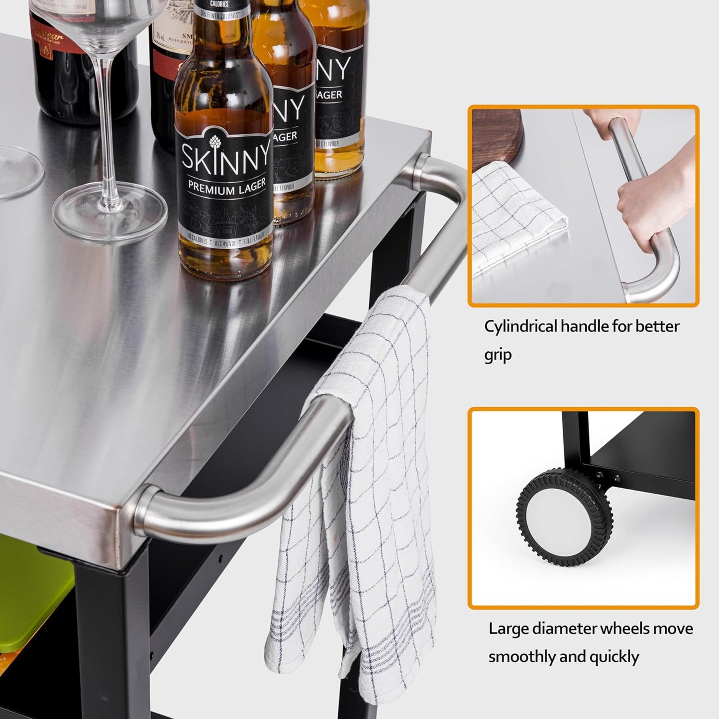 Outdoor Grill Crat with 3-Shelf Dining Table with Wheel and Tool Hooks for BBQ, Garden Cooking