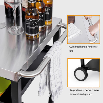 Outdoor Grill Crat with 3-Shelf Dining Table with Wheel and Tool Hooks for BBQ, Garden Cooking