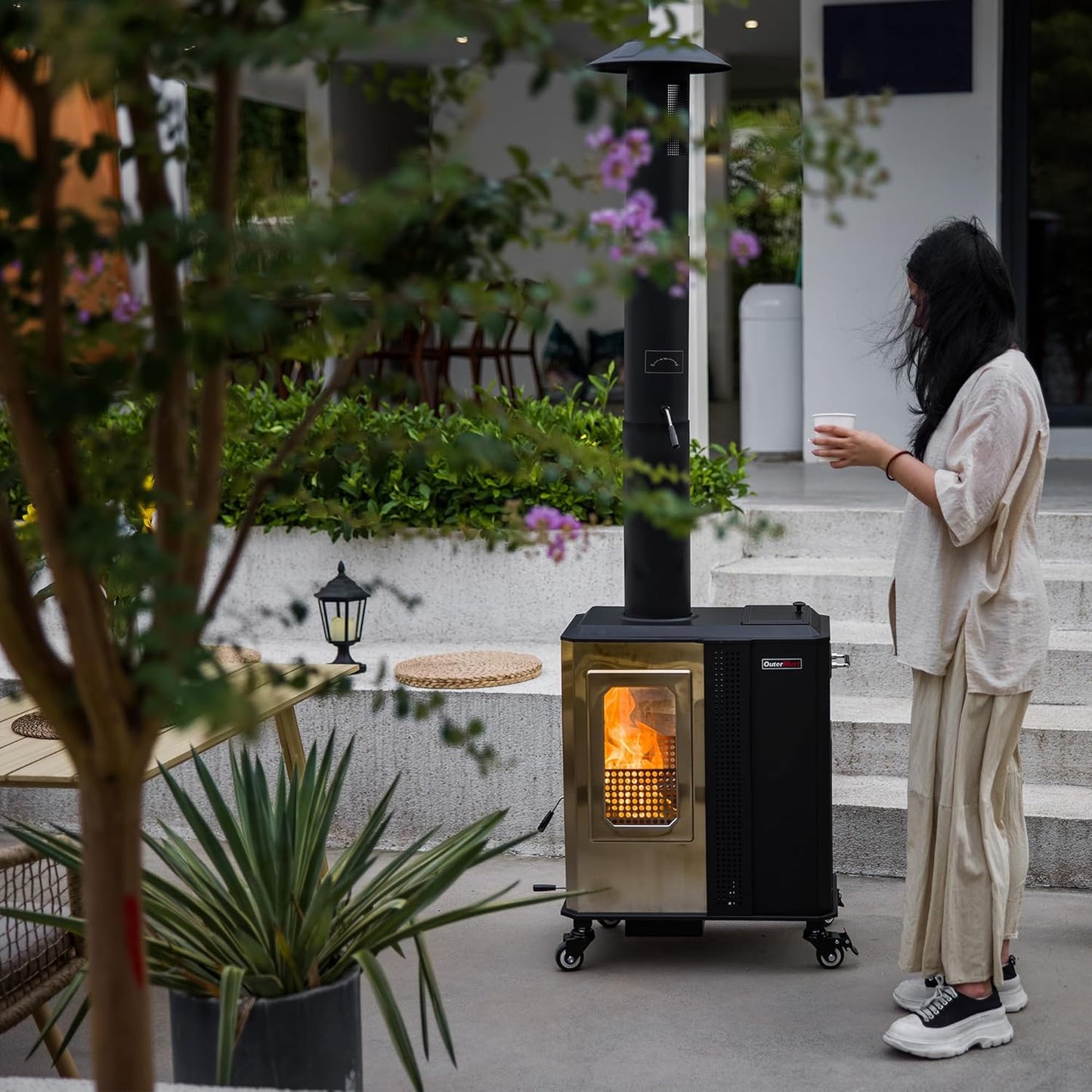 110,000 BTU Pellet Patio Heater for Outdoor Use with Tempered Glass Window and Pellet Hopper Ideal for Backyard Balcony 6-8 people