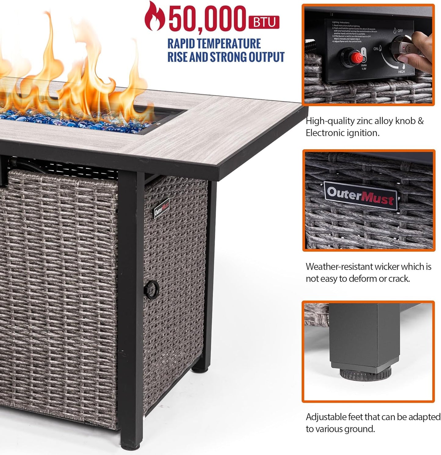 42 Inch Propane Fire Pit Table, 50,000 BTU Hand-Woven Rattan Outdoor Fire Pit with Lid & Blue Glass Bead for Patio, Garden