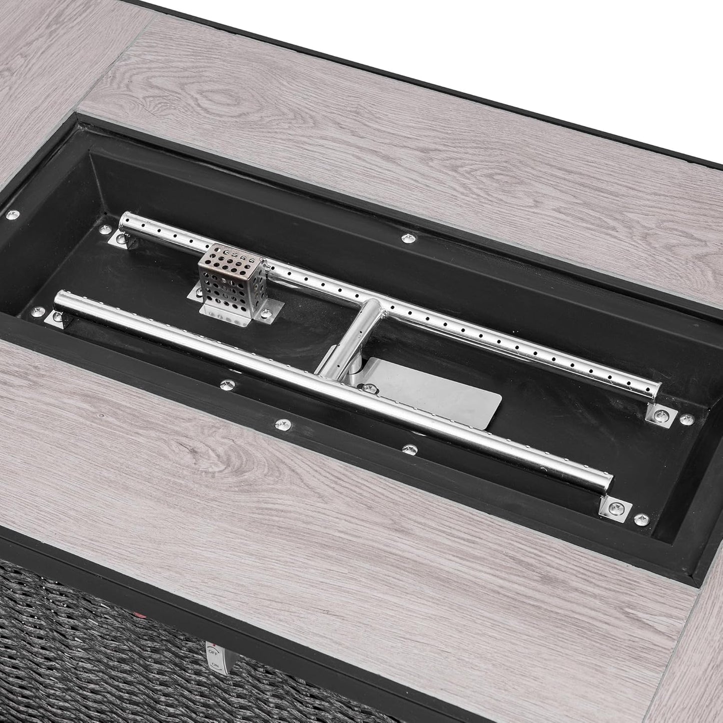 42 Inch Propane Fire Pit Table, 50,000 BTU Hand-Woven Rattan Outdoor Fire Pit with Lid & Blue Glass Bead for Patio, Garden