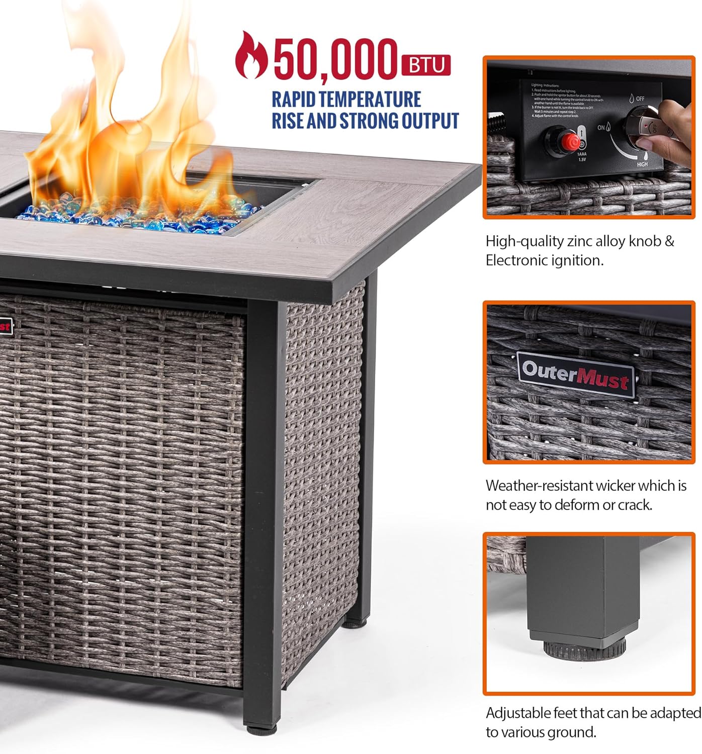 30 Inch Propane Fire Pit Table  50,000 BTU with Cover, Lid & Glass Bead for Garden, Backyard