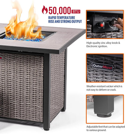 30 Inch Propane Fire Pit Table  50,000 BTU with Cover, Lid & Glass Bead for Garden, Backyard