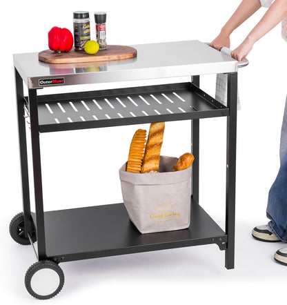 Outdoor Grill Crat with 3-Shelf Dining Table with Wheel and Tool Hooks for BBQ, Garden Cooking