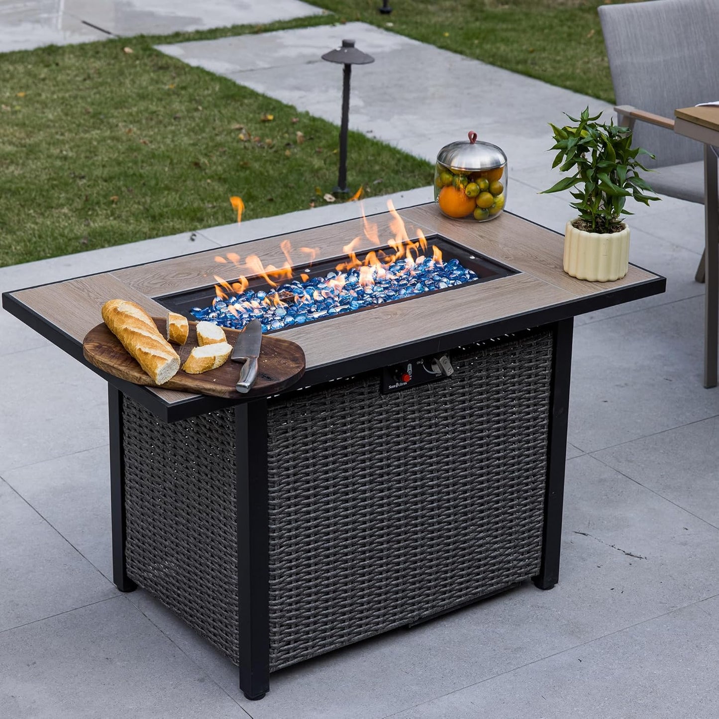 42 Inch Propane Fire Pit Table, 50,000 BTU Hand-Woven Rattan Outdoor Fire Pit with Lid & Blue Glass Bead for Patio, Garden