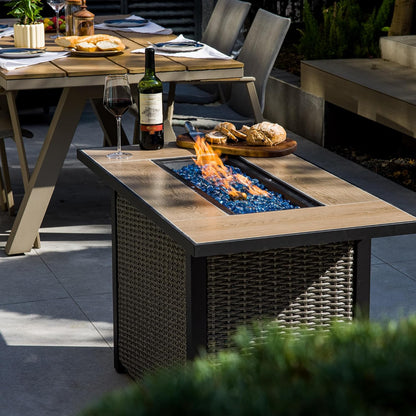 42 Inch Propane Fire Pit Table, 50,000 BTU Hand-Woven Rattan Outdoor Fire Pit with Lid & Blue Glass Bead for Patio, Garden