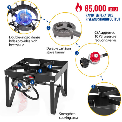 Outdoor Propane Burner Camping Stove Gas Burner with Adjustable Legs Ideal for Camping, Home Brewing, Turkey Frying and Maple Syrup Boiling