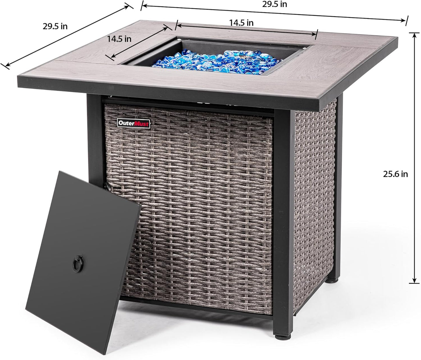 30 Inch Propane Fire Pit Table 50,000 BTU with Lid & Blue Glass Bead for Garden, Backyard
