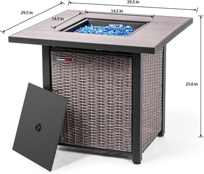 30 Inch Propane Fire Pit Table 50,000 BTU with Lid & Blue Glass Bead for Garden, Backyard
