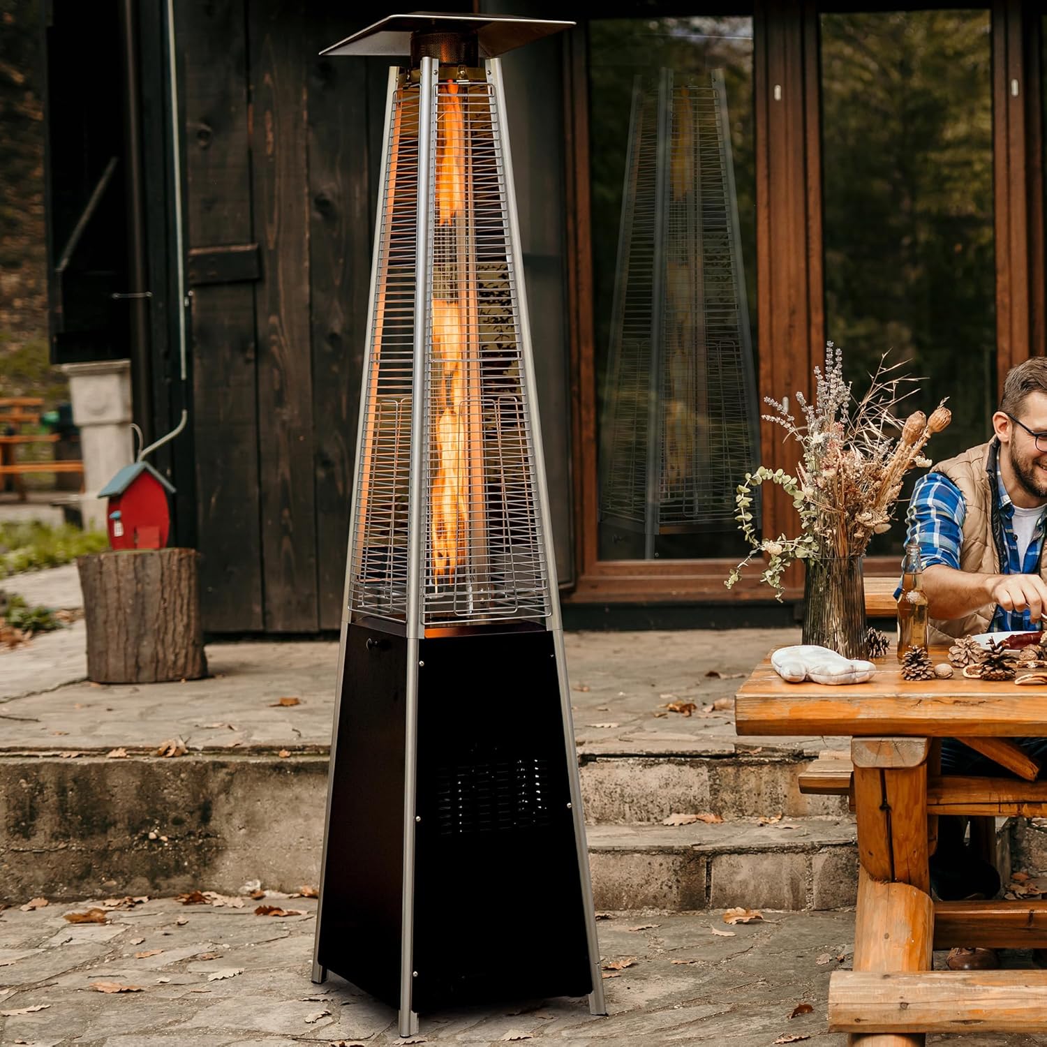 Pyramid Patio Heater,48,000 BTU Outdoor Propane Heater with Glass Tube, Propane Tall Tower Design with Wheels & One-Button Ignition for Backyard, Deck, and Commercial Use