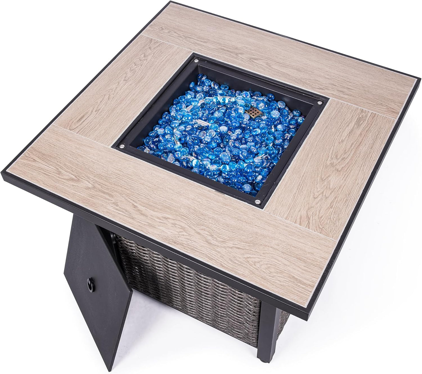 30 Inch Propane Fire Pit Table 50,000 BTU with Lid & Blue Glass Bead for Garden, Backyard