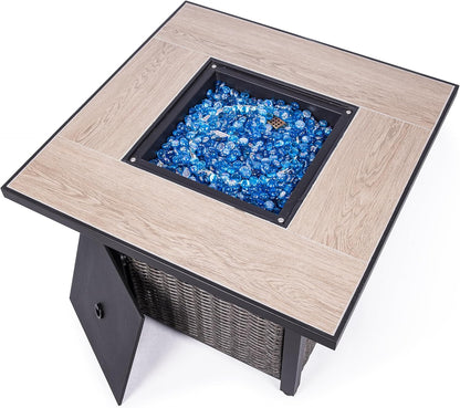 30 Inch Propane Fire Pit Table 50,000 BTU with Lid & Blue Glass Bead for Garden, Backyard