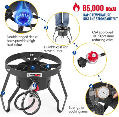 Gas Stove Propane Burner with Regulator and Cast Iron Braided Holes (single) for Outdoor Cooking, Camping and Seafood Boil