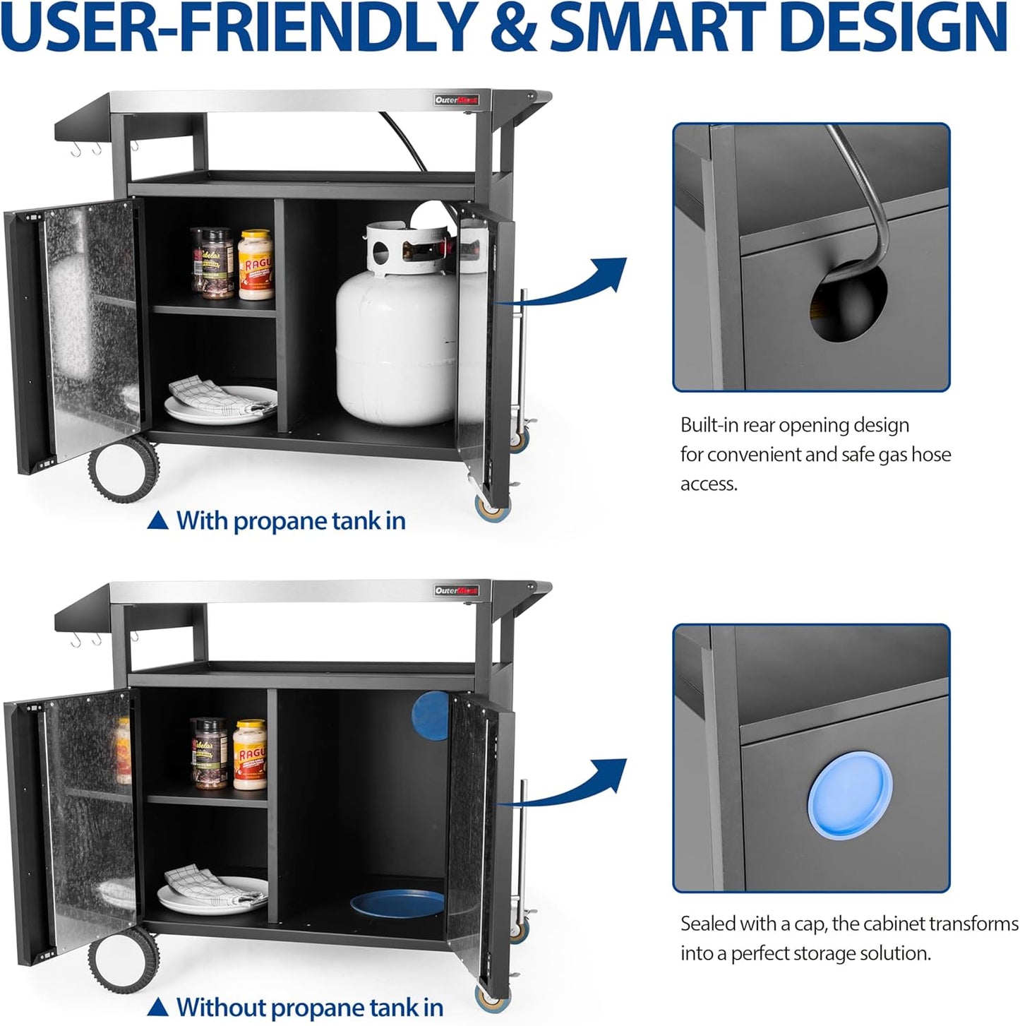 Outdoor Kitchen Cabinet, Moveable Outdoor Prep Table & Bar for Grilling and Pizza Oven