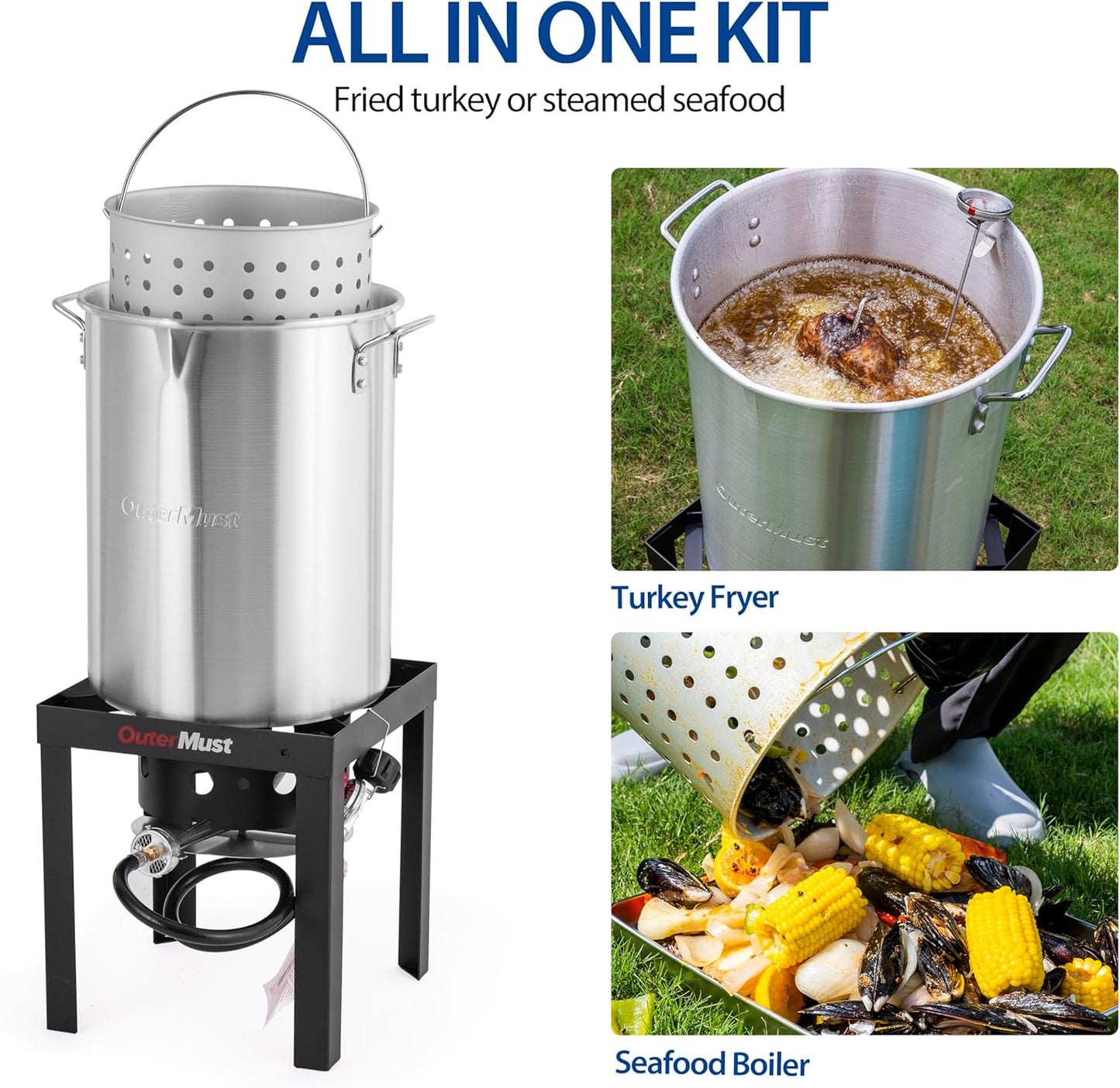 30 QT. Outdoor Fryer 50,000 BTU Turkey Fryer Set and Seafood Boil with Perforaed Basket, Ideal Outdoor Cooker for Turkey, Crawfish, Crab, Shrimp, Lobster for Thanksgiving Gathering