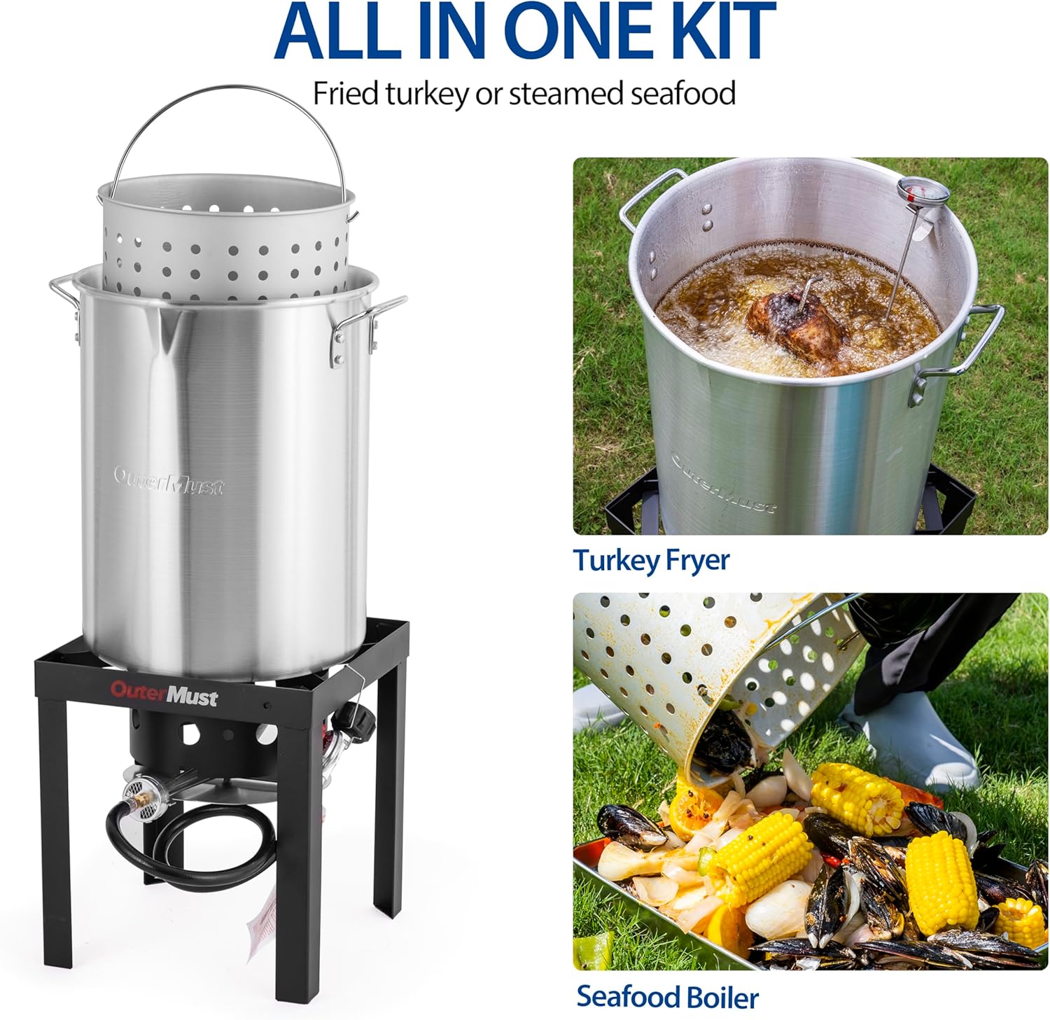 30 QT. Outdoor Fryer 50,000 BTU Turkey Fryer Set and Seafood Boil with Perforaed Basket, Ideal Outdoor Cooker for Turkey, Crawfish, Crab, Shrimp, Lobster for Thanksgiving Gathering