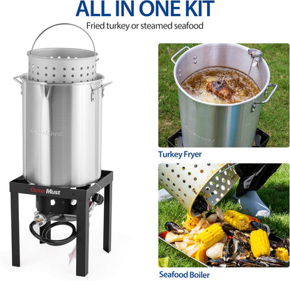 30 QT. Outdoor Fryer 50,000 BTU Turkey Fryer Set and Seafood Boil with Perforaed Basket, Ideal Outdoor Cooker for Turkey, Crawfish, Crab, Shrimp, Lobster for Thanksgiving Gathering