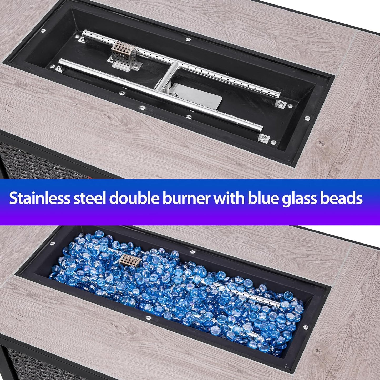 42 Inch Propane Fire Pit Table, 50,000 BTU Hand-Woven Rattan Outdoor Fire Pit with Lid & Blue Glass Bead for Patio, Garden