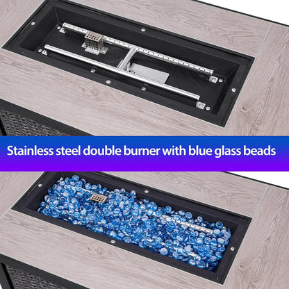 42 Inch Propane Fire Pit Table, 50,000 BTU Hand-Woven Rattan Outdoor Fire Pit with Lid & Blue Glass Bead for Patio, Garden