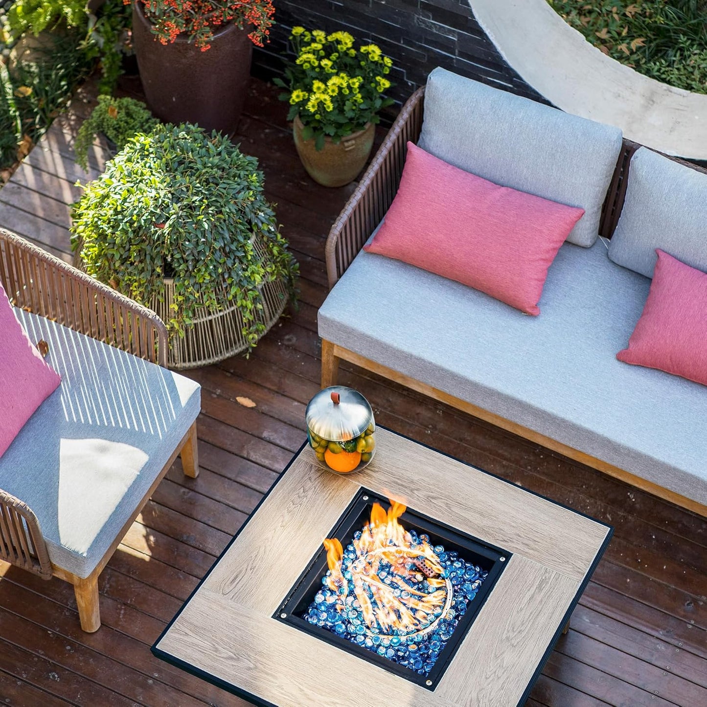 30 Inch Propane Fire Pit Table 50,000 BTU with Lid & Blue Glass Bead for Garden, Backyard