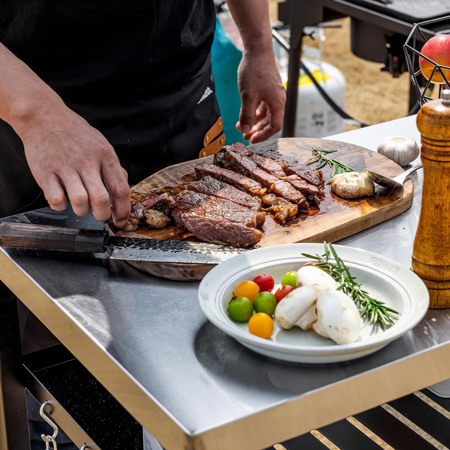 Outdoor Grill Crat with 3-Shelf Dining Table with Wheel and Tool Hooks for BBQ, Garden Cooking