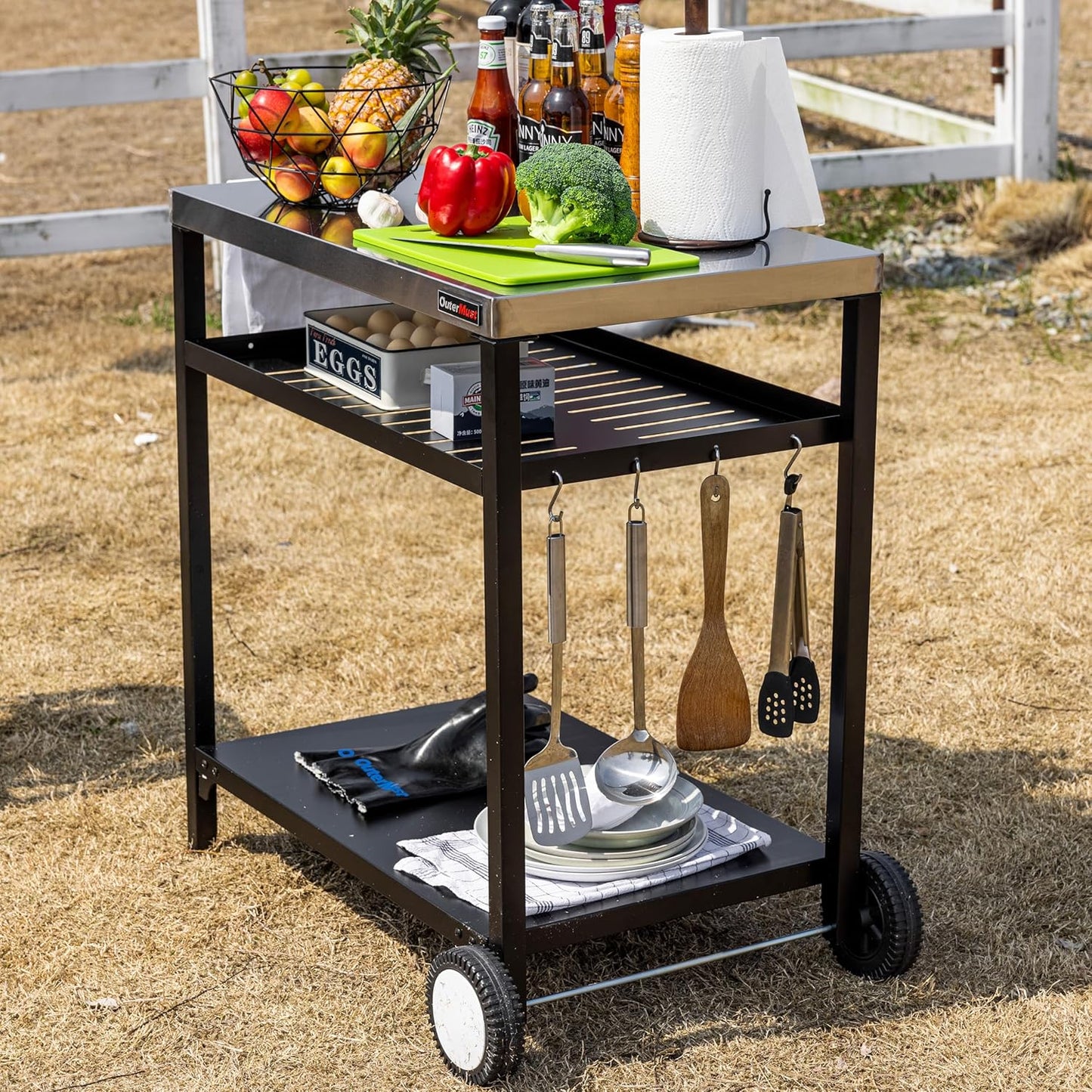 Outdoor Grill Crat with 3-Shelf Dining Table with Wheel and Tool Hooks for BBQ, Garden Cooking