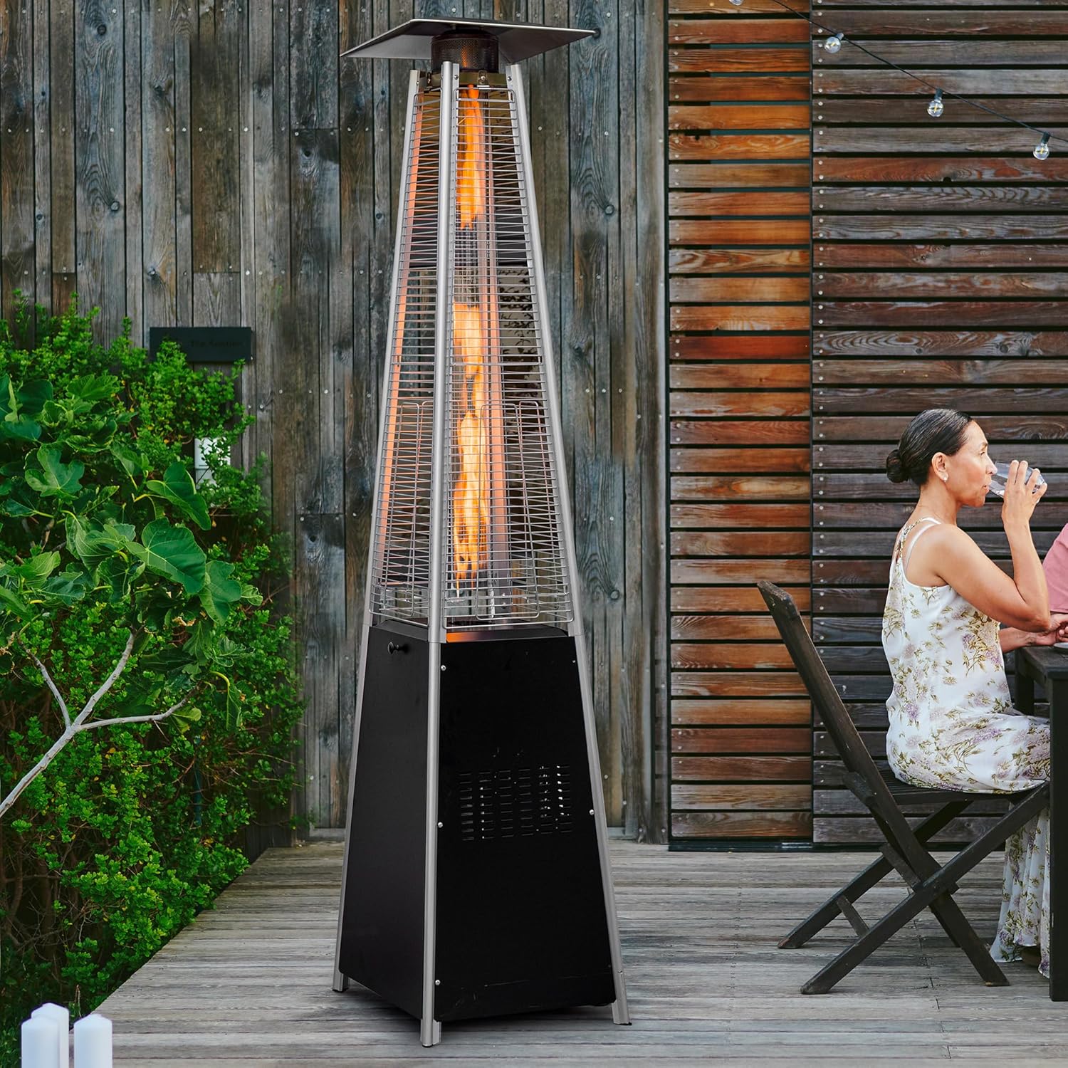 Pyramid Patio Heater,48,000 BTU Outdoor Propane Heater with Glass Tube, Propane Tall Tower Design with Wheels & One-Button Ignition for Backyard, Deck, and Commercial Use